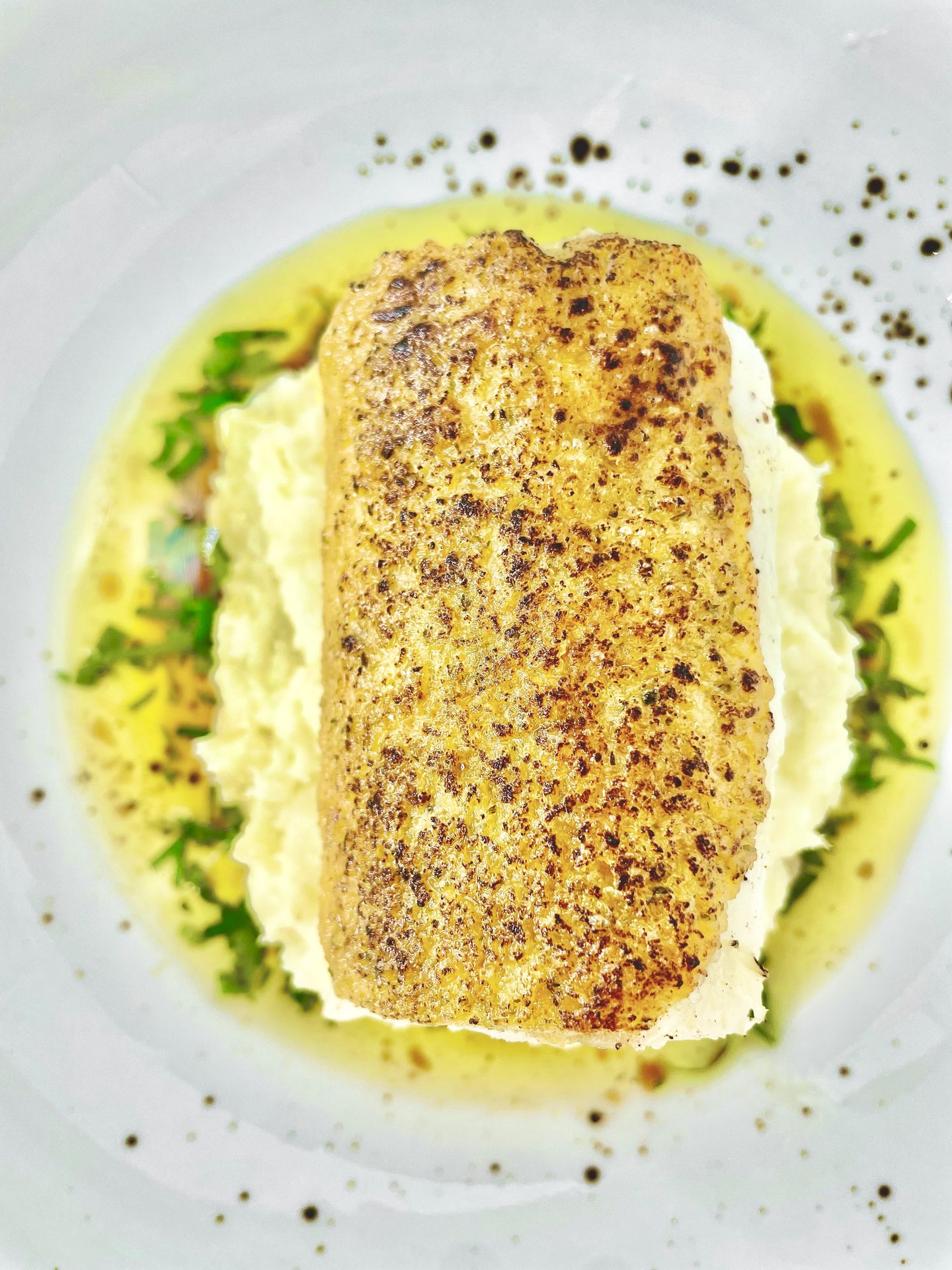 Crusted fish fillet served over a saffron sauce
